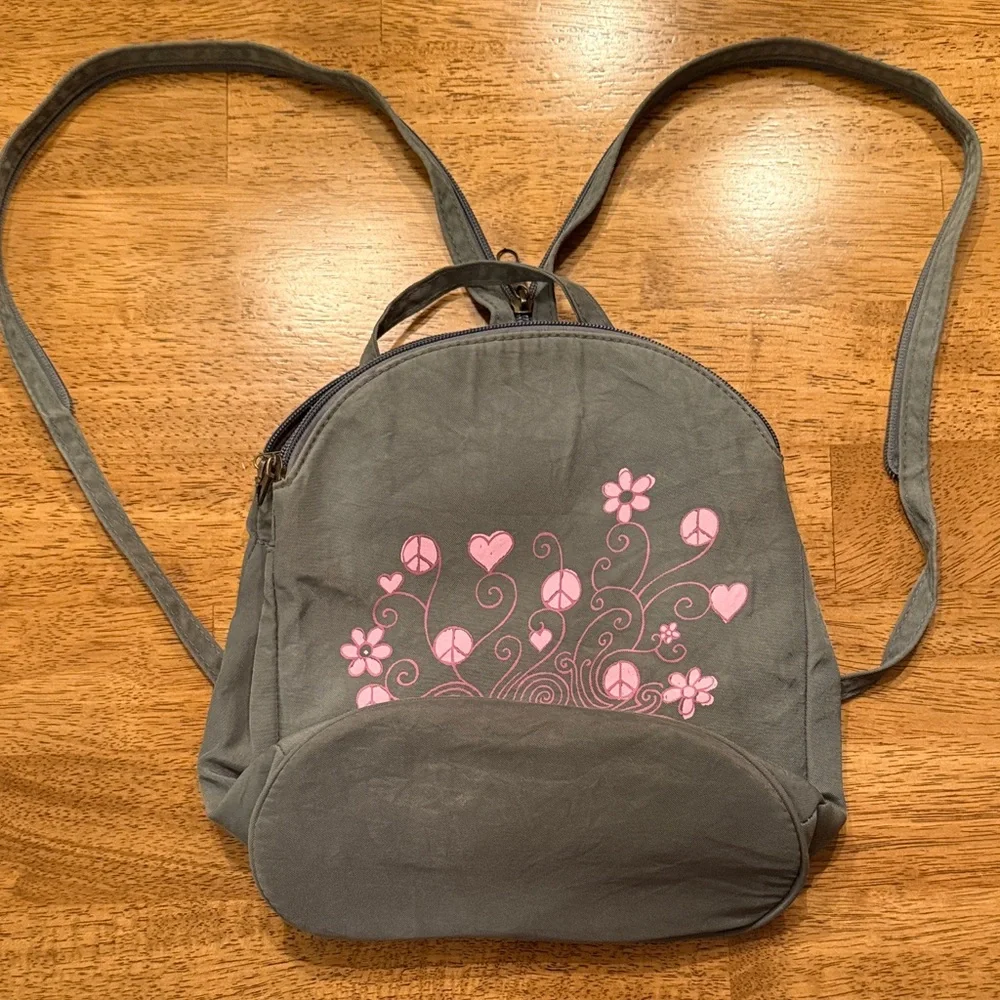 Life Is Good Gray Backpack with Pink Floral & Peace Design